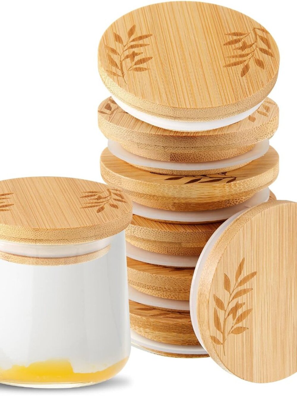 18 Pcs Yogurt Jar Lids Compatible with Oui, Bamboo Lids with Silicone Ring